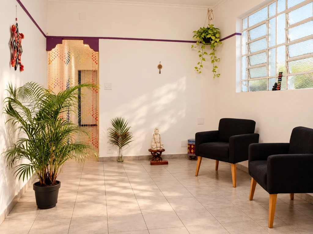 Recepção do consultório com planta, poltronas pretas e cortina de miçangas
